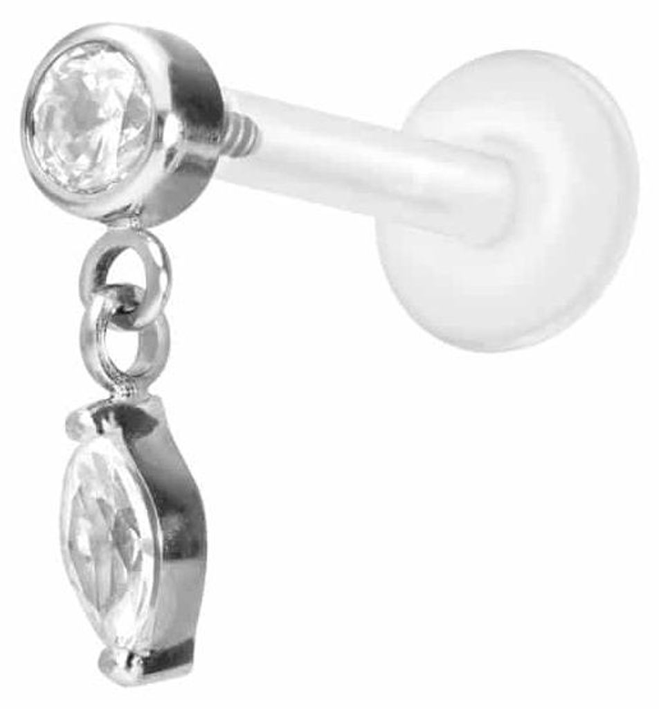 Ohrpiercing, Nasenpiercing PTFE Labret mit Innengewinde + Titan-Aufsatz KRISTALL + KRISTALLTROPFEN Silber Stablänge: 8mm | Stabstärke: 1,2mm