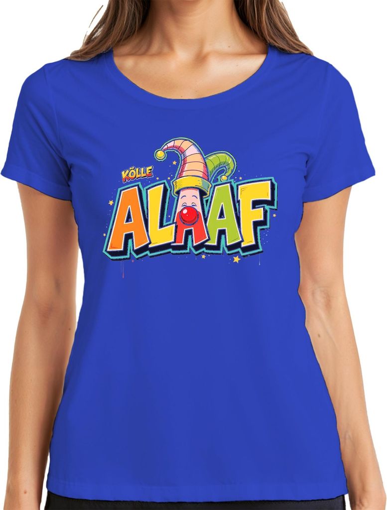 Kölle Alaaf Karneval Köln Jeck Clown bunt Fasching Fastnacht Narr Damen T-Shirt, Blau, XL