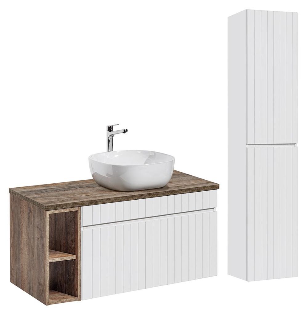 Waschtisch und Hängesäule 100cm Zelie mit 1 Schublade, Weiß