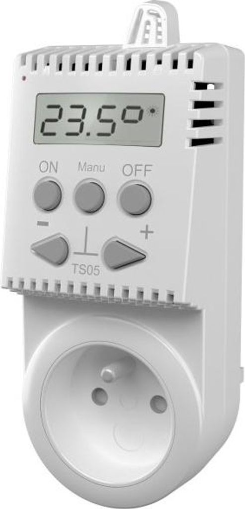 A white digital thermostat plugged into a wall socket.