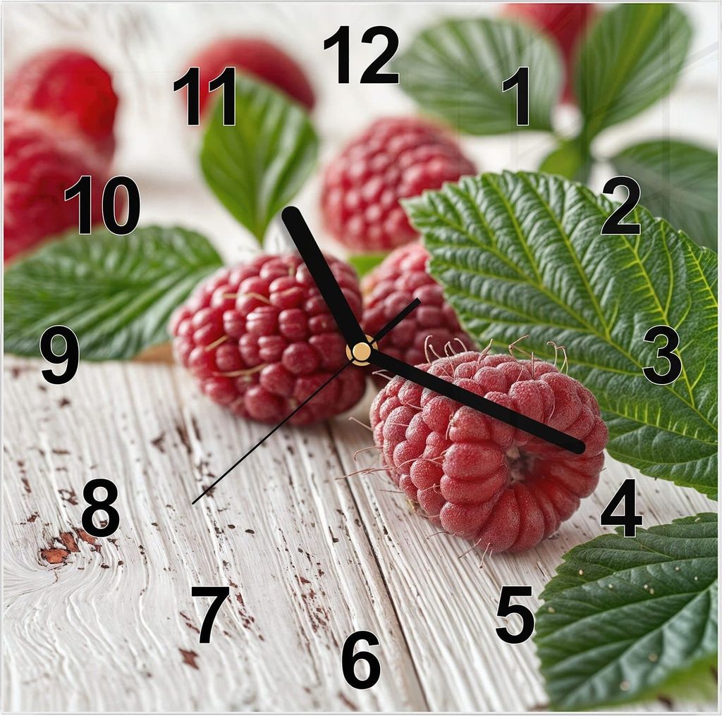 Wanduhr aus Glas mit Motiv Himbeeren Holztisch- 30 x 30 cm - inkl. Aufhängesystem