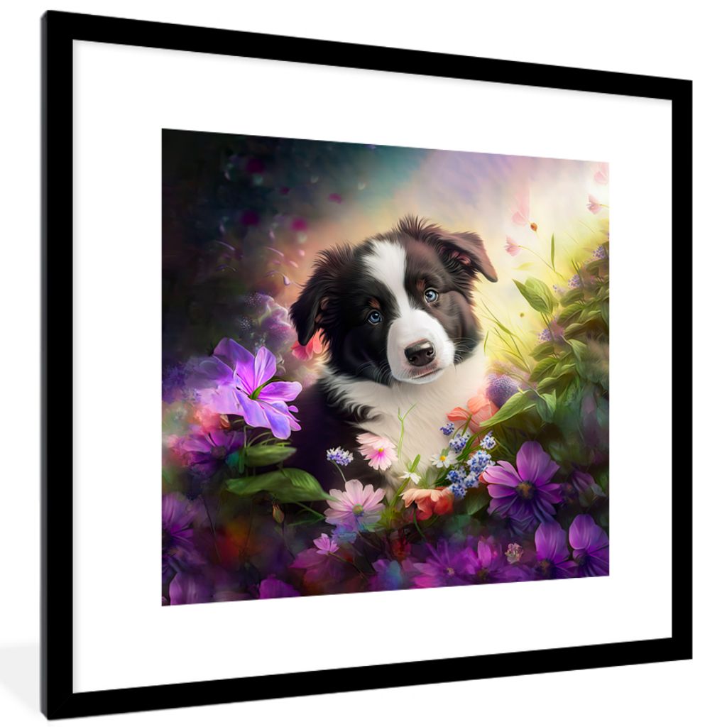 MuchoWow Gerahmtes Poster Welpe - Sonne - Blumen - Natur - Border Collie - Hund 40x40 cm - Poster mit Schwarzem Bilderrahmen Wandposter Rahmen Fo...