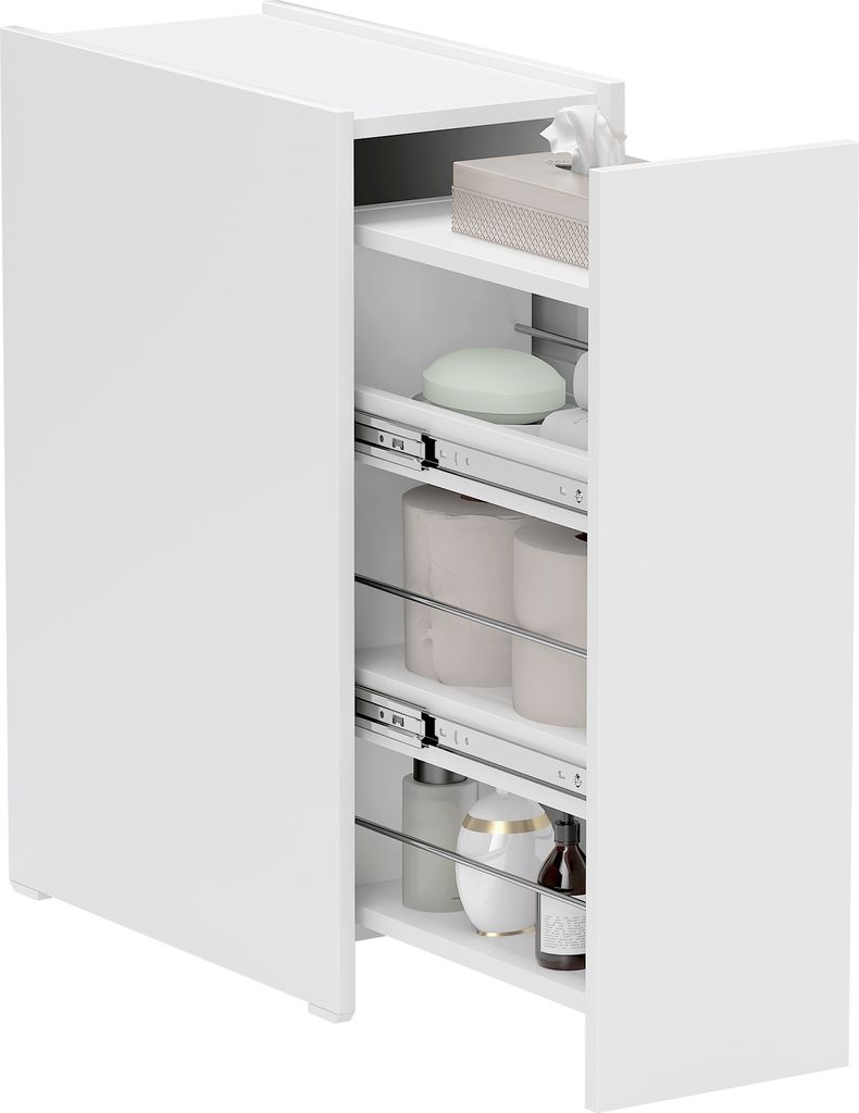 A white bathroom cabinet with pull-out drawers filled with toiletries.