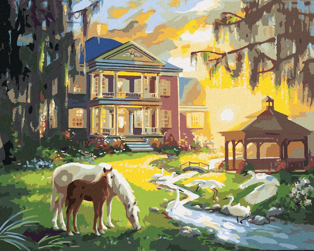 Zuty - Malen nach Zahlen - PFERD UND FOHLEN BEIM HAUS (D. RUSTY RUST), 40x50 cm, mit Keilrahmen (bereits gespannt)