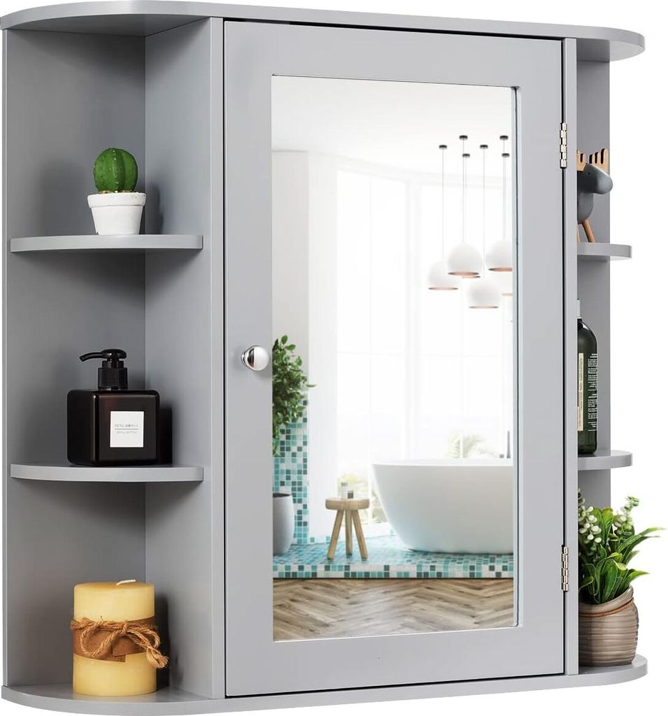 GOPLUS Spiegelschrank Holz mit Ablagen, Badschrank mit Spiegel, Hängeschrank Wandschrank Bad, 66 x 63 x 16,5 cm (Grau)