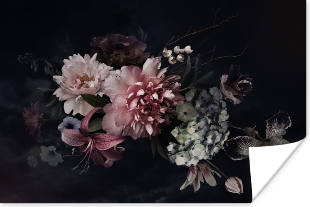 MuchoWow Poster Blumen - Vintage - Pastell - Schwarz - Blumenstrauß 120x80 cm - Bilder
