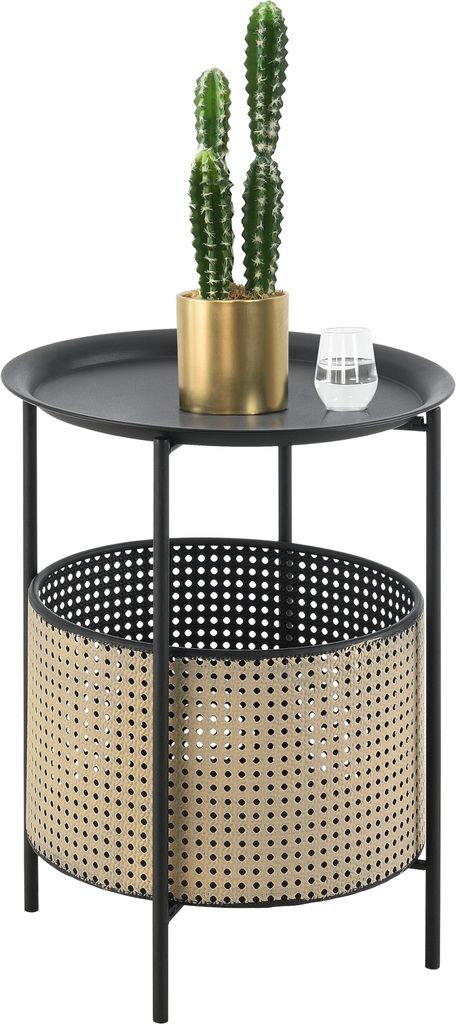 Beistelltisch Beaumont 45x35cm mit abnehmbarem Metallkorb Wohnzimmertisch Kaffeetisch auf Metallgestell Schwarz/Sandfarben