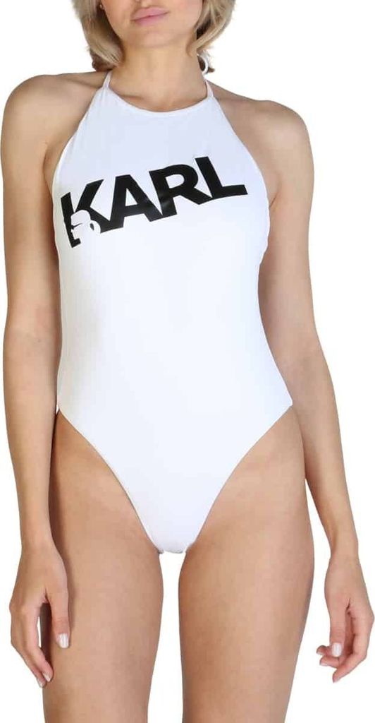 Karl Lagerfeld Damen Bademode Badeanzug Einteiler Schwimmanzug, mit Neckholder , Größe:S, Farbe:Weiß-weiß,schwarz