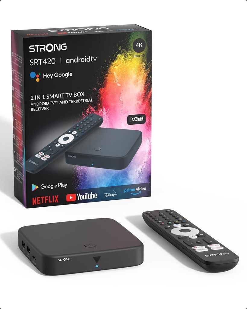 A product shot of a STRONG SRT420 Android TV box and its remote, with the product packaging in the background.