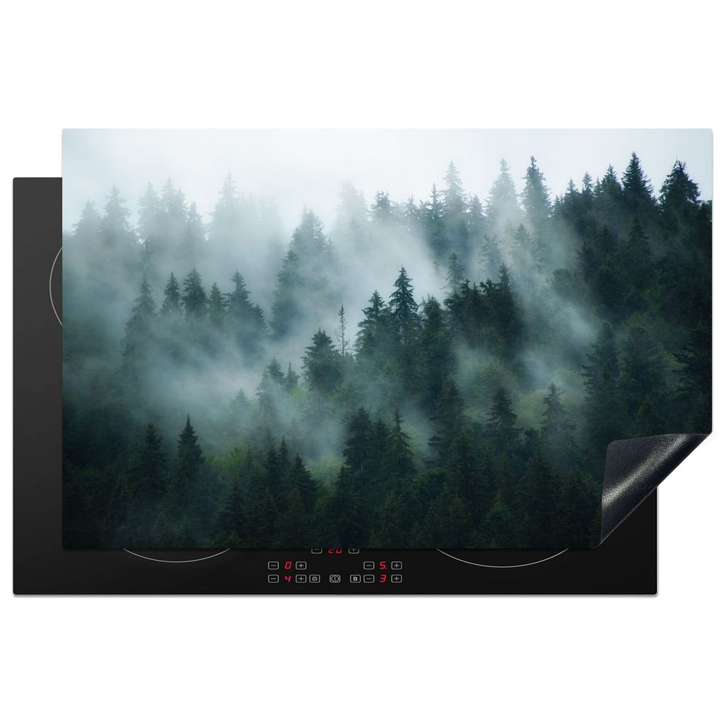 KitchenYeah Herdabdeckplatte Nebel - Bäume - Wald , 81x52cm, Küche Deko, Glaskeramikkochfeld Herdabdeckung, Abdeckplatte fùr Kochfeld