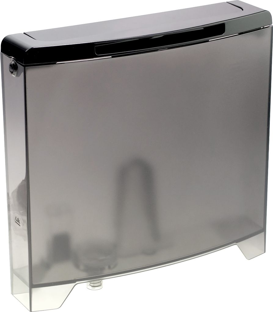 A transparent gray water tank with a black lid.