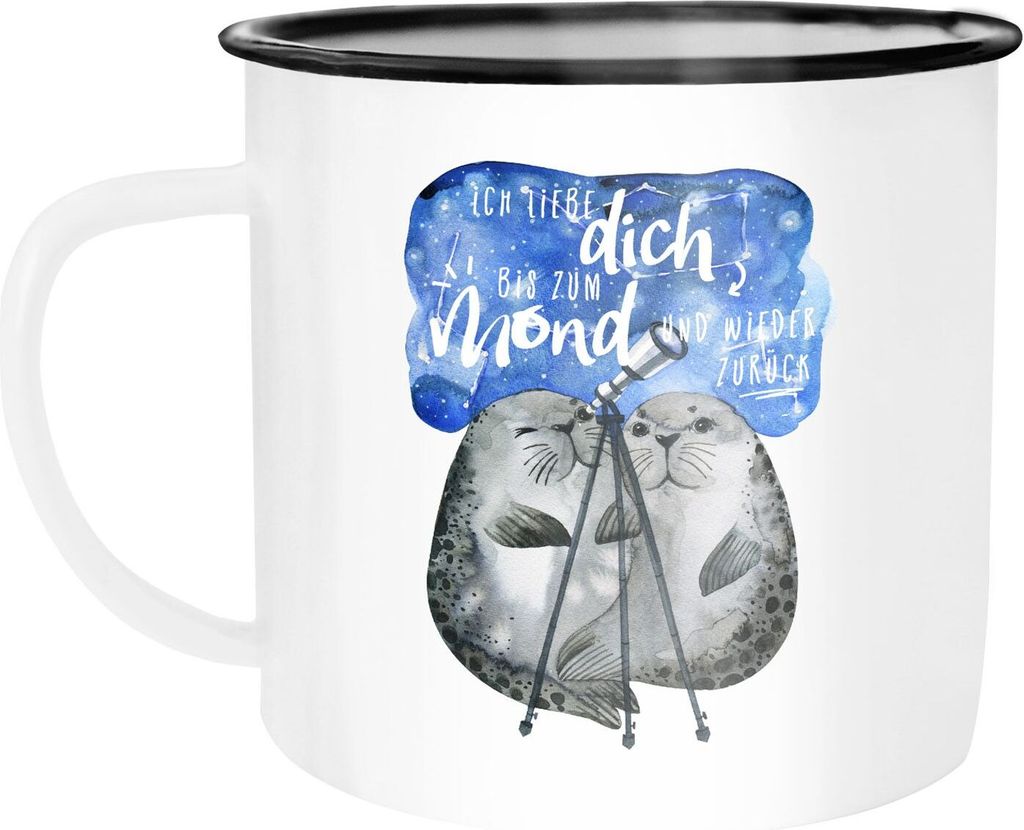 Emaille Tasse Becher Ich liebe dich bis zum Mond und wieder zurück Liebe Spruch Geschenk Seehunde Robben Sterne Kaffeetasse Moonworks weiß-schw...