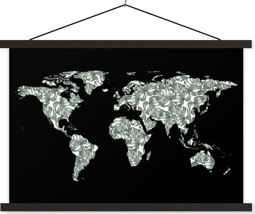 MuchoWow Textilposter Weltkarte - Blätter - Natur 120x80 cm mit schwarzem Rahmen - Wanddeko