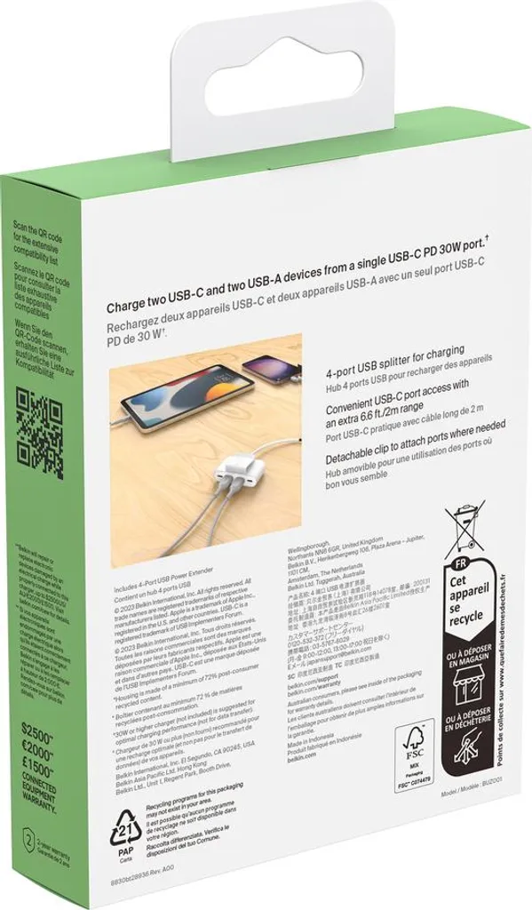 Hub USB Belkin 2x USB-C 2x USB-A Solution pour Manque de Ports 2m