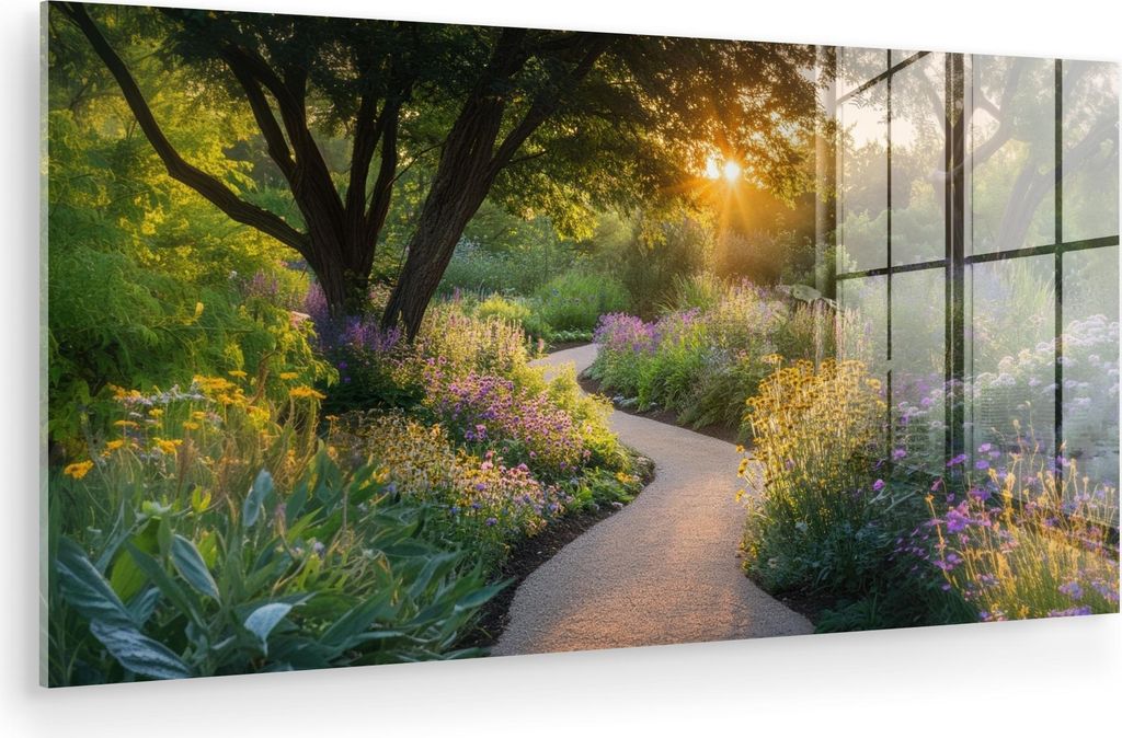 MuchoWow Glasbilder - Bilder auf Wandbild - Foto auf Glas Weg - Blumen - Park 40x20 cm Wanddekoration aus Glas - Acrylglasbild - Acrylbilder - Mode...