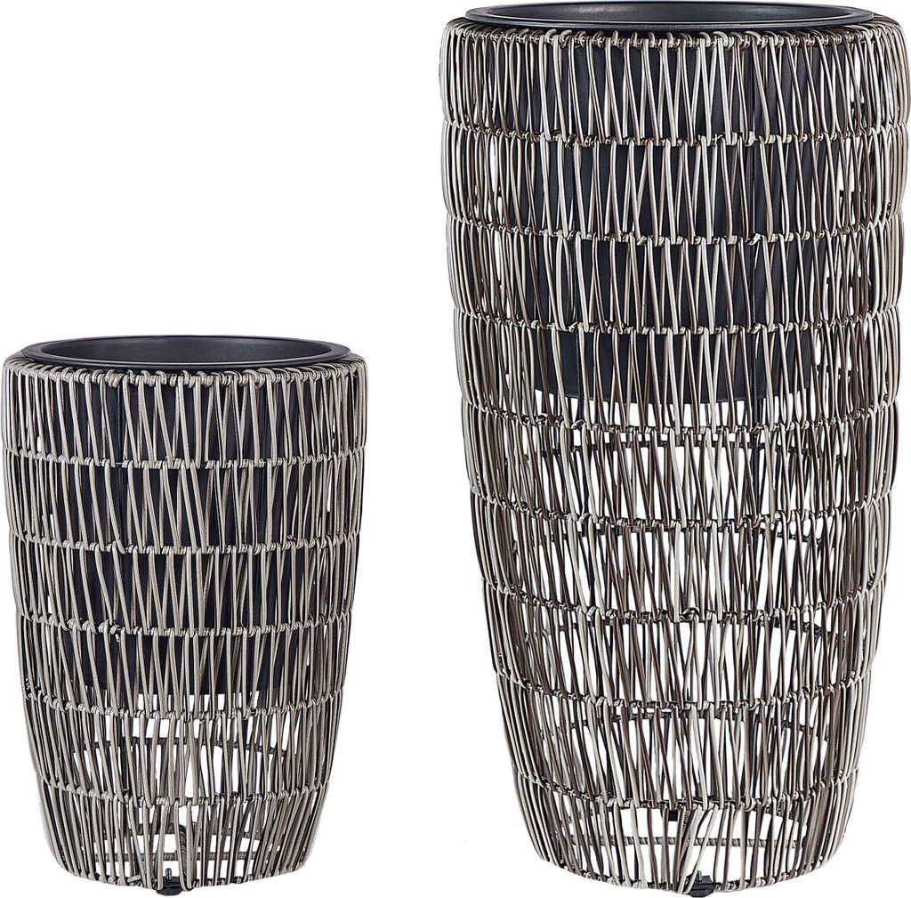 BELIANI Blumentopf 2er Set Braun Rattan mit Innentopf Rund Bauchig Geflochten Verschiedene Größen 40 cm und 66 cm Hoch Modern Outdoor & Indoor