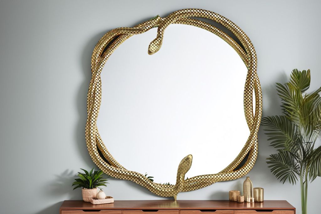 A decorative mirror with a gold snake sculpture frame, placed on a wooden dresser with a plant and decorative bottles.