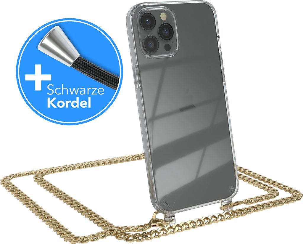 EAZY CASE Metall Handykette für Apple iPhone 12 Pro Max, Handyhülle mit Umhängeband, Silikonhülle, Metallkette für Smartphone in Gold