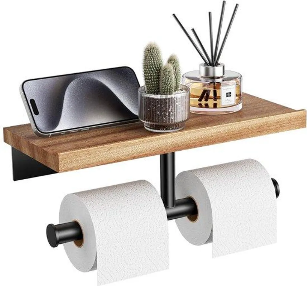 Dérouleur Papier Toilette Mural Double en Bois Exotique et Inox Noir