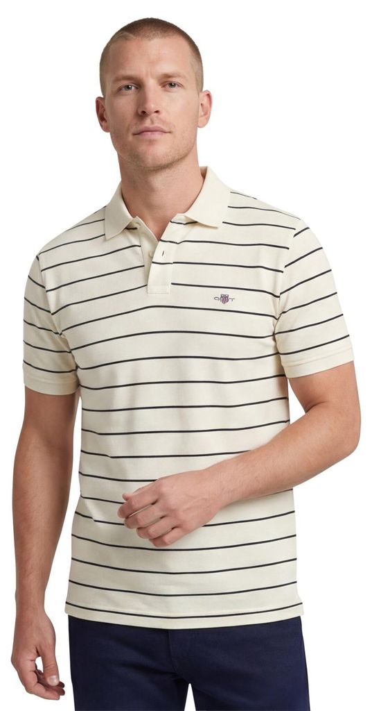 Gant Polo creme schwarz gestreift Baumwolle Piqué Kurzarm