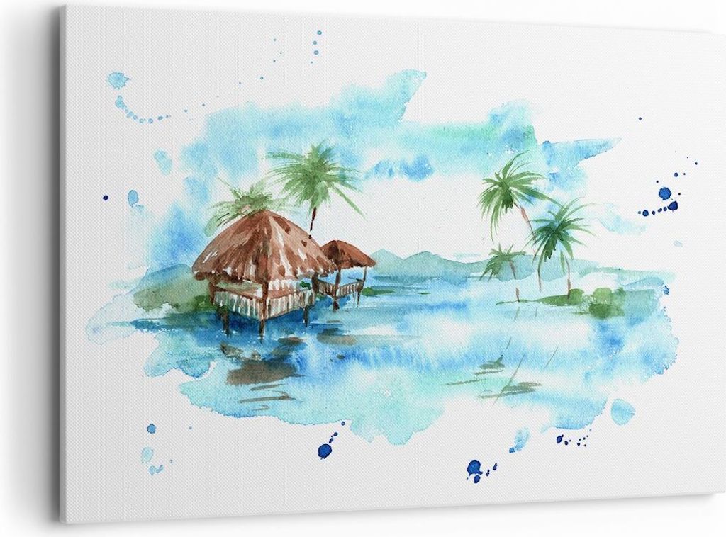 Bild auf Leinwand - Leinwandbild - Tropen Wasser Bungalow Ufer - 100x70cm - Wand Bild - Wanddeko - Leinwanddruck - Bilder - Kunstdruck - Wanddekora...