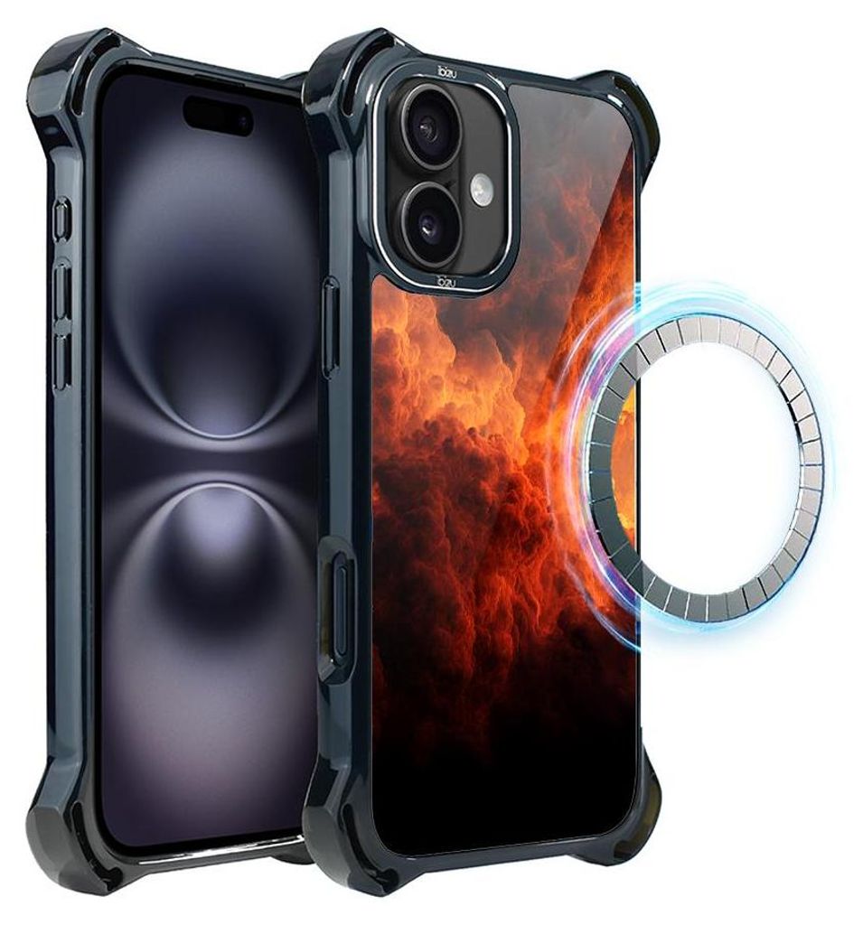 Schutzhülle für das iPhone 16 Plus, MagSafe-kompatibel, verstärkte Ecken, schwarz, Feuer, Glut, Flamme