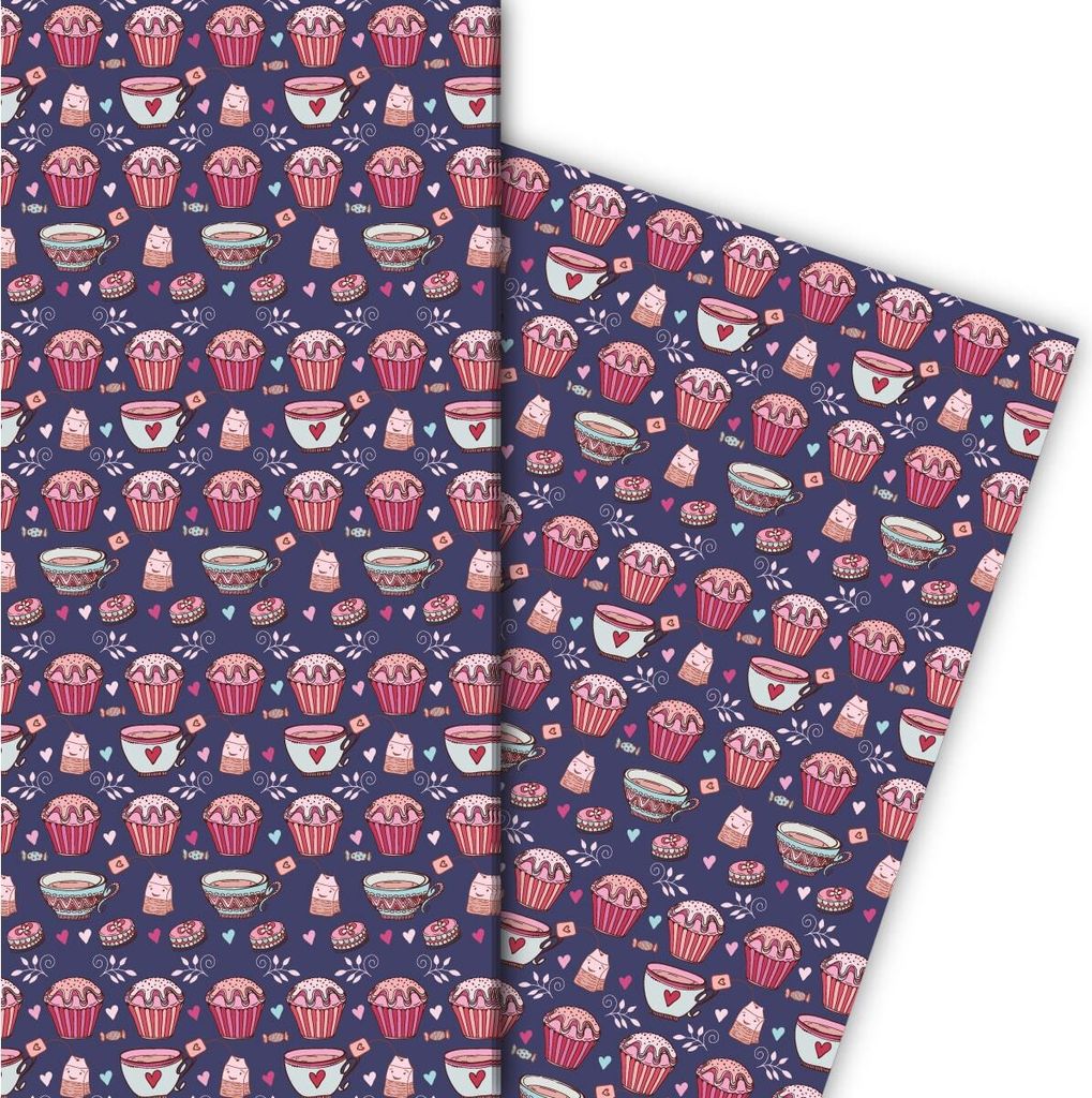 Muffin Geschenkpapier mit Tee Tassen auf lila - G7609, 32 x 48cm