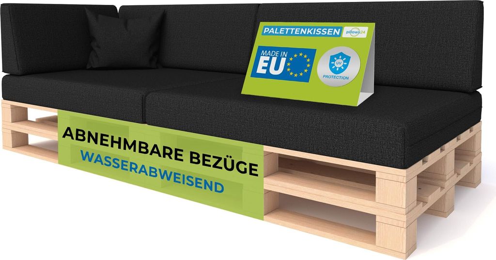 Pillows24 - Palettenkissen mit abnehmbarem Bezug - 6ER SET | Polster für Europaletten 120x80 Sofa - Wasserfest - Outdoor/Indoor | Schwarz