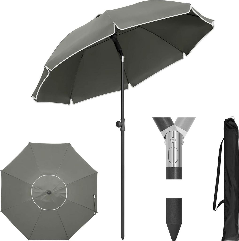 Runder Sonnenschirm - Balkon-/Strandschirm - Ø135 cm - Höhenverstellbar 122–172 cm - 35° neigbar - Aluminiumstock - Tragetasche 116×15 cm - Grau