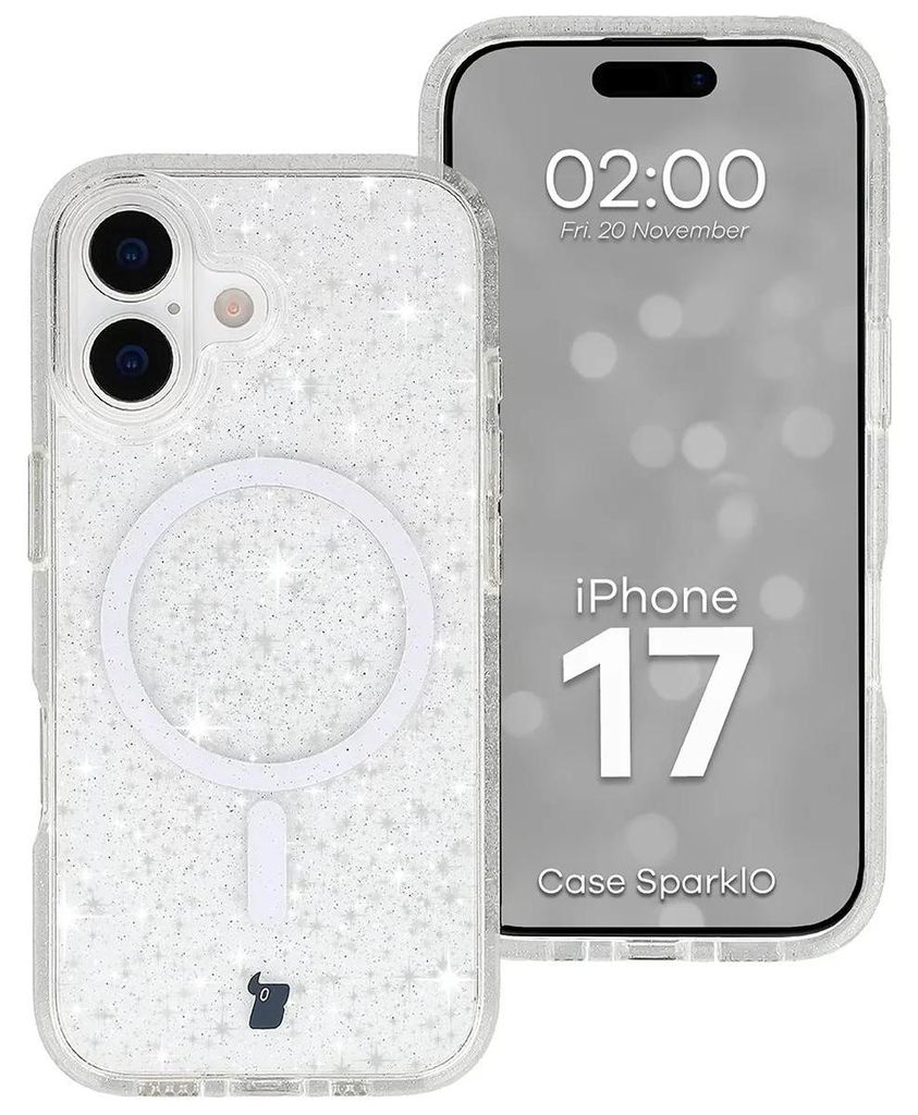 Glitzer Hülle mit Magnetring für iPhone 17, Bizon Case SparklO, Transparent mit Glitzer