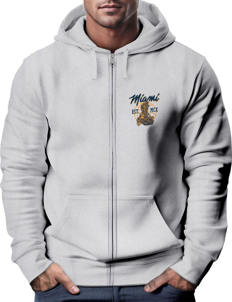 Sweatjacke Zip-Hoodie Herren mit Kapuze Print Miami College USA Männer Fashion Streetstyle Neverless grau-melange XXL