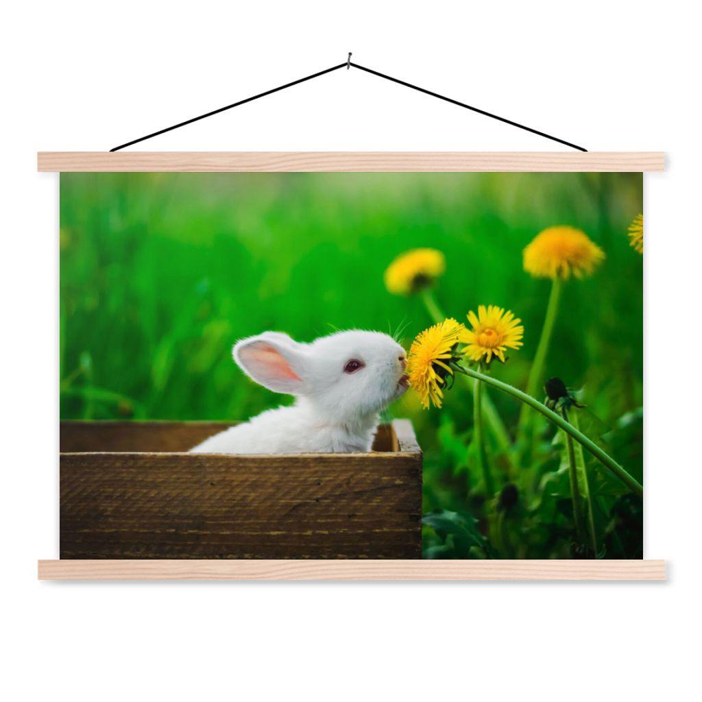 MuchoWow Textilposter Kaninchen - Löwenzahn - Gras 60x40 cm mit holzfarbenen Rahmen - Bilder
