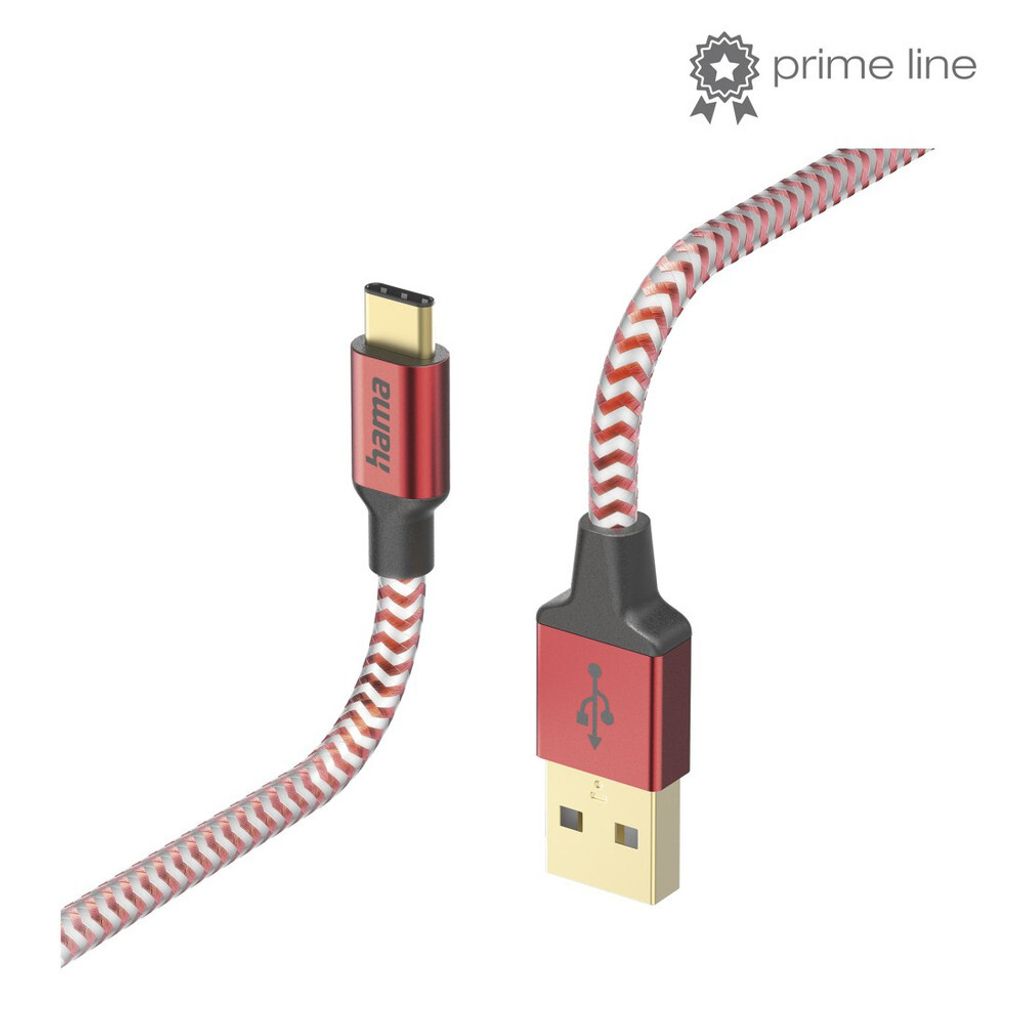 A USB-A to USB-C charging cable with a braided red and white pattern.