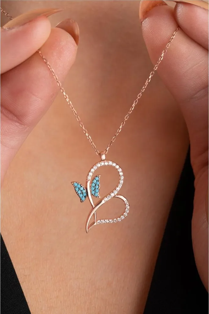 Collier en argent 925 pendentif cœur et papillon en oxyde de zirconium