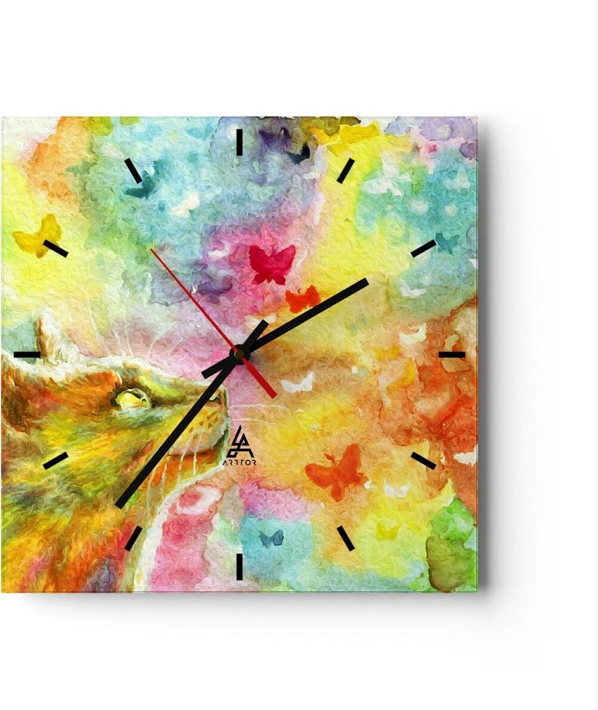 Wanduhr - Quadrat - Glasuhr - Katze Schmetterling Regenbogen Magie - 30x30cm - Schleichendes Uhrwerk - Lautlos - zum Aufhängen bereit - Dekoration...