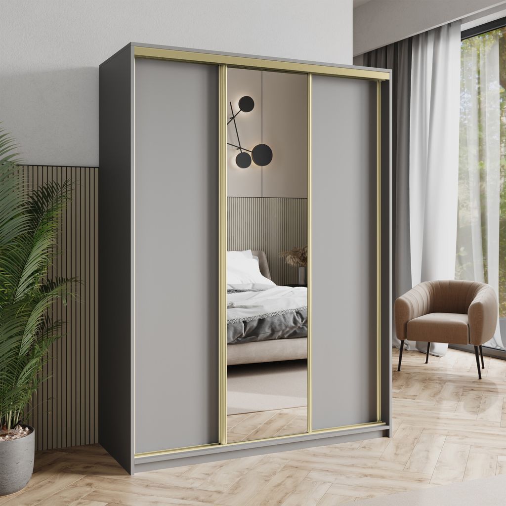 Masseno Schiebetürenschrank TAVI 150/205/60 cm Kleiderschrank mit Schubladen Schlafzimmer Schrank 3-türig mit Spiegel Graphitfarben + Gold