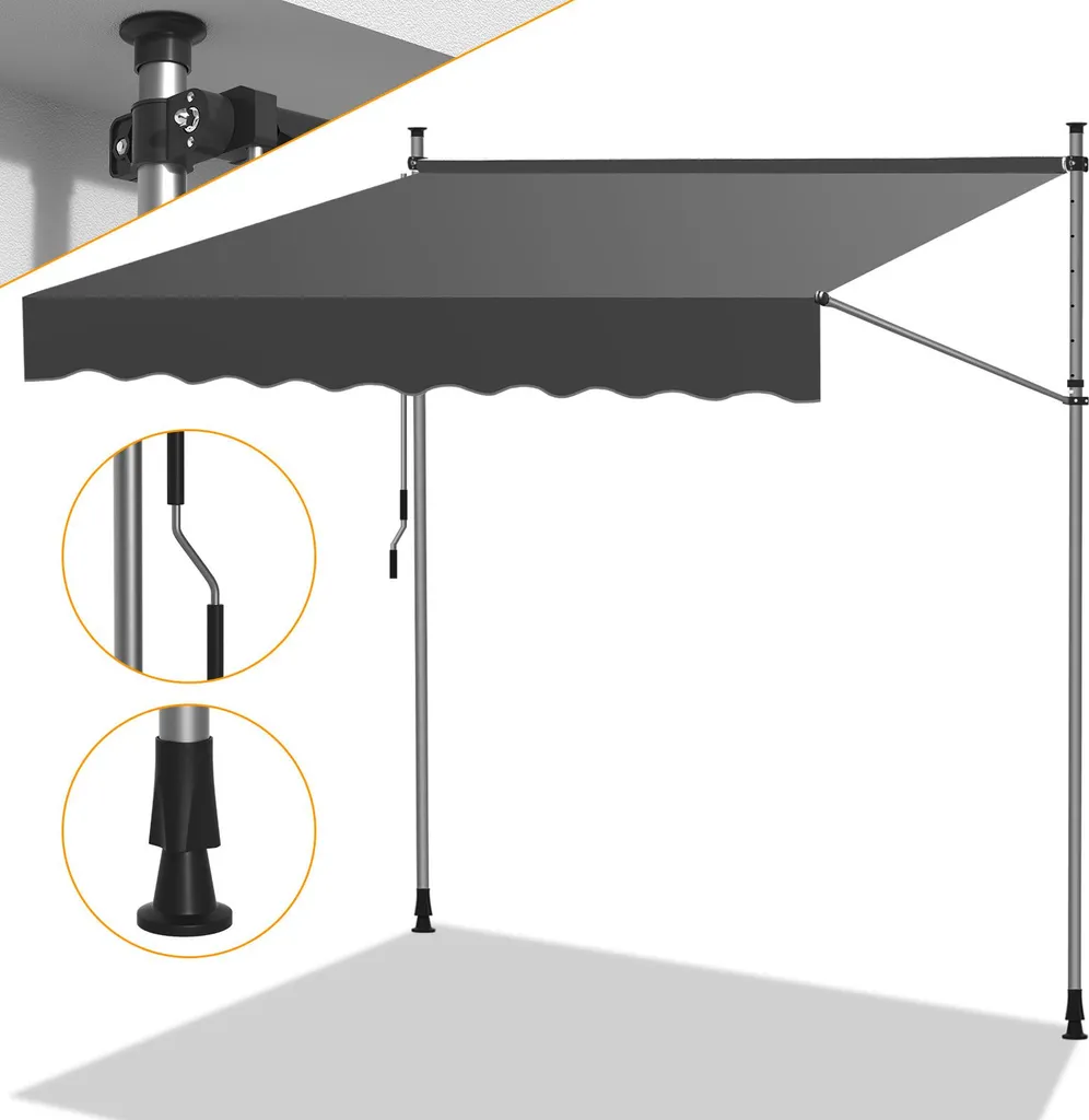 Tenda da sole Izrielar Tenda da sole a morsetto Tenda da sole per balcone Grigio con manovella senza foratura Protezione solare Protezione UV e impermeabile e regolabile in altezza 250 cm