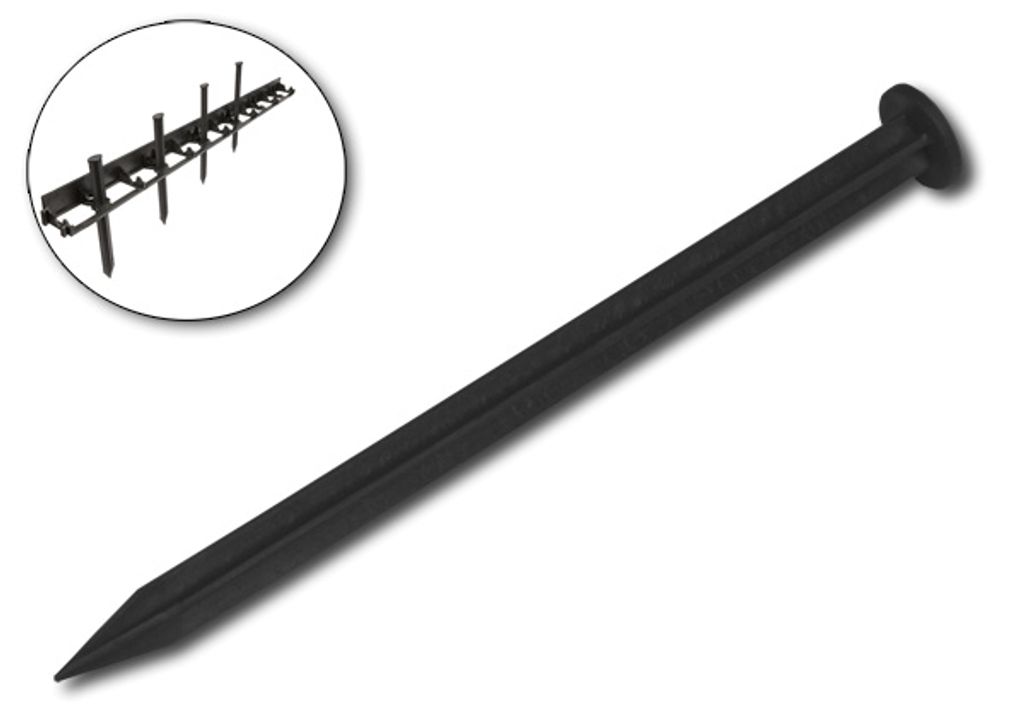 A black ground stake is shown against a white background, with a close-up inset of multiple stakes attached to a strip.