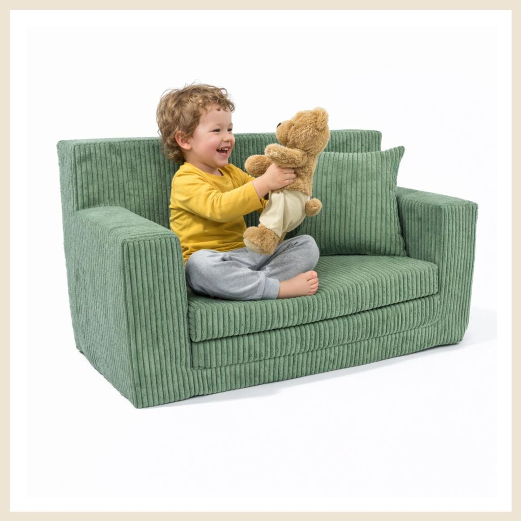 Kindersofa aus Schaumstoff Grün, ausklappbar und bequem, Polstersofa für Kinderzimmer zum Sitzen, Lesen und Entspannen