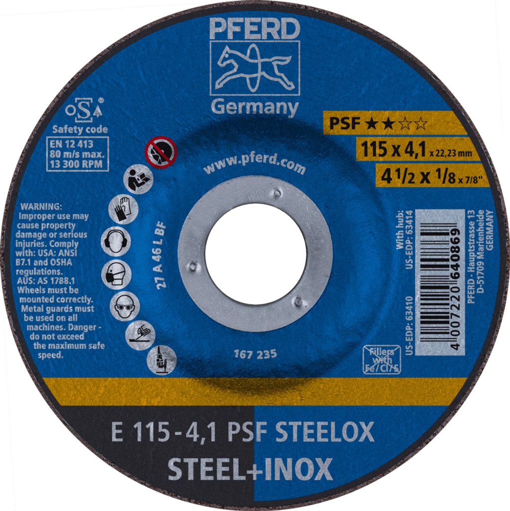 PFERD TOOLS Schruppscheibe E 115x4,1x22,23 mm Universallinie PSF STEELOX für Stahl/Edelstahl