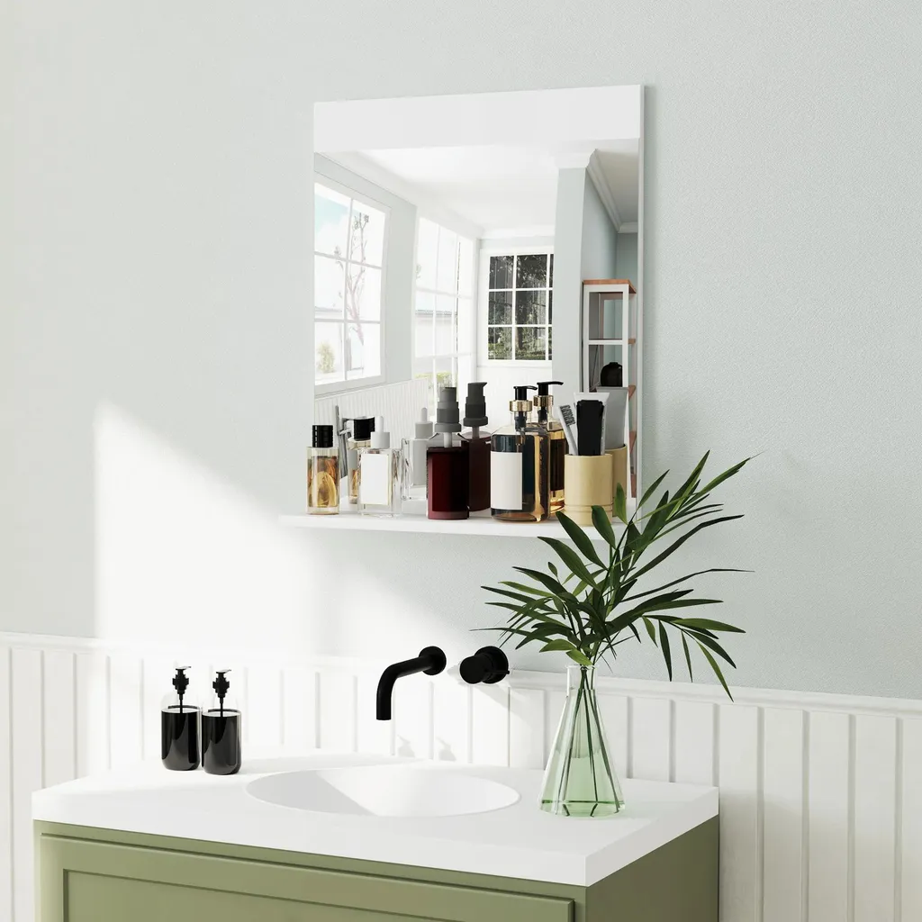 Miroir mural rectangulaire avec étagère 50x12x60 cm blanc style moderne