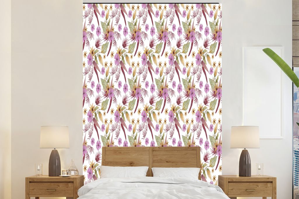 MuchoWow Fototapete für Wohnzimmer oder Schlafzimmer Wandtapete Vinyl Motivtapete Blumen - Lila - Muster - 180x280 cm - Wallpaper