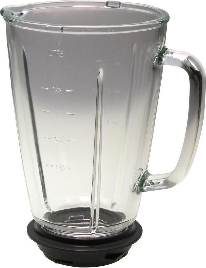 A clear, studio shot of a blender jug with measurement markings.