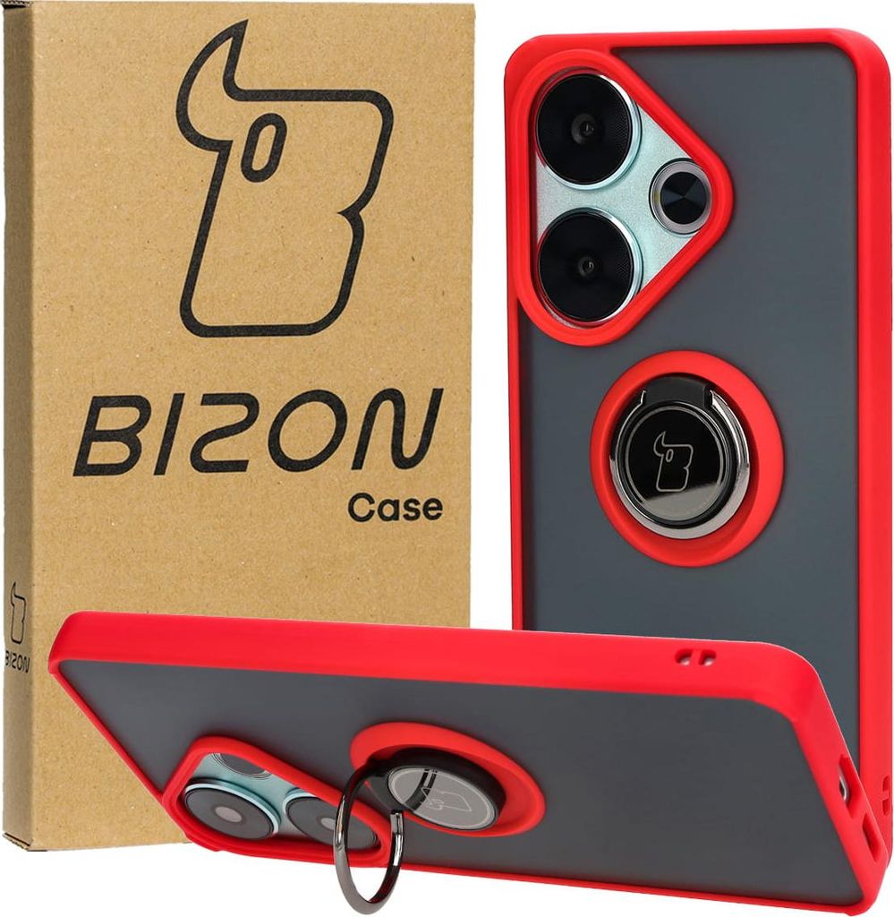 Bizon Case Hybrid Ring Fingerring Hülle für Xiaomi Poco F6, Rauch mit rotem Rahmen