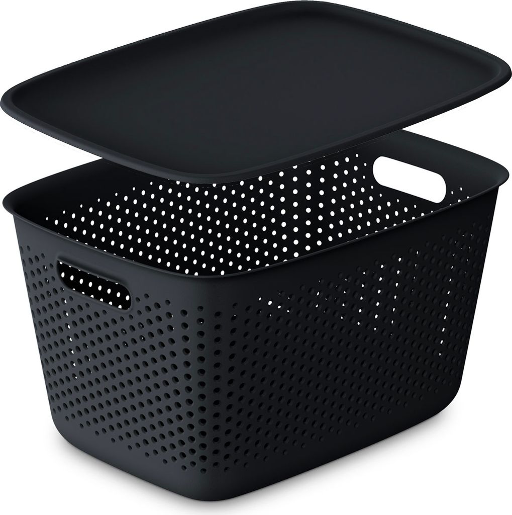 A black plastic storage basket with a lid, shown from a slightly elevated angle.