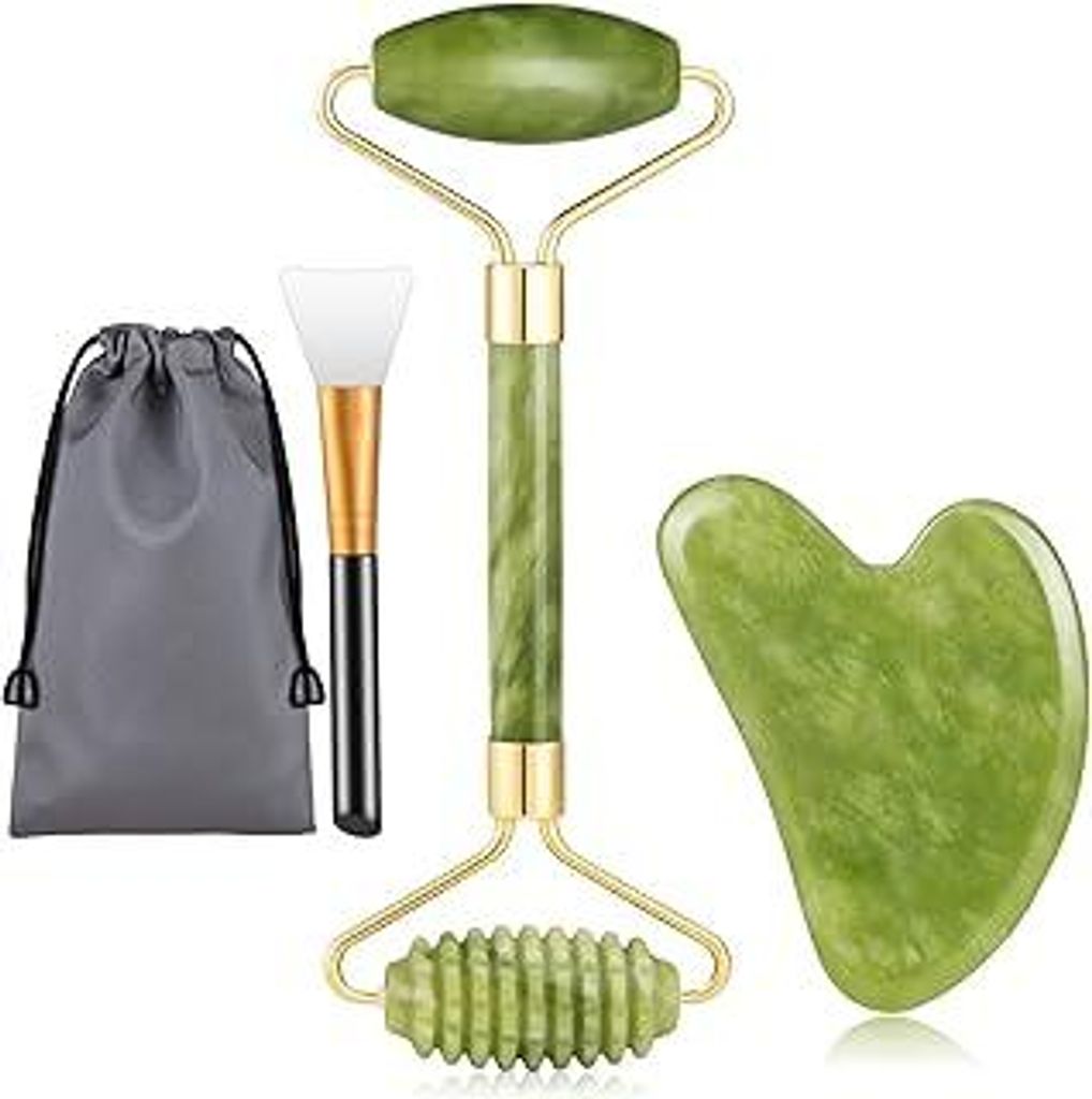 Jade Roller für Gesicht, Gua Sha und Maskenpinsel Gesichtsmassagegerät Set, Gesichtsroller Echte natürliche Gesichtsmassage Roller für Anti-Agi...