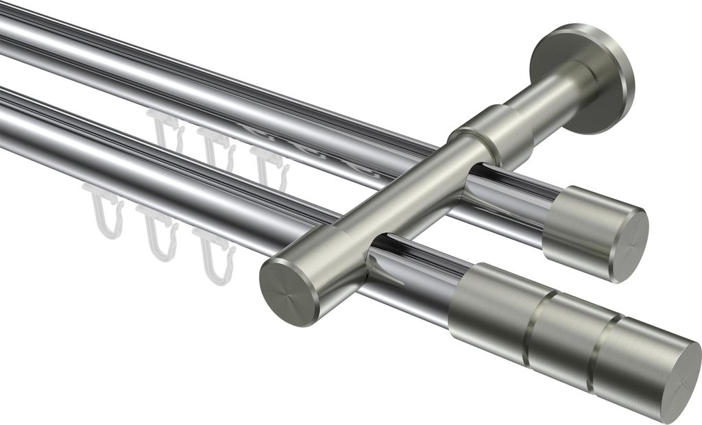 Interdeco Innenlaufstange / Gardinenstange mit Innenlauf Chrom / Edelstahl-Optik, Typ Prestige Elanto (Rillenzylinder), 20 mm Ø 2-läufig, 140 cm