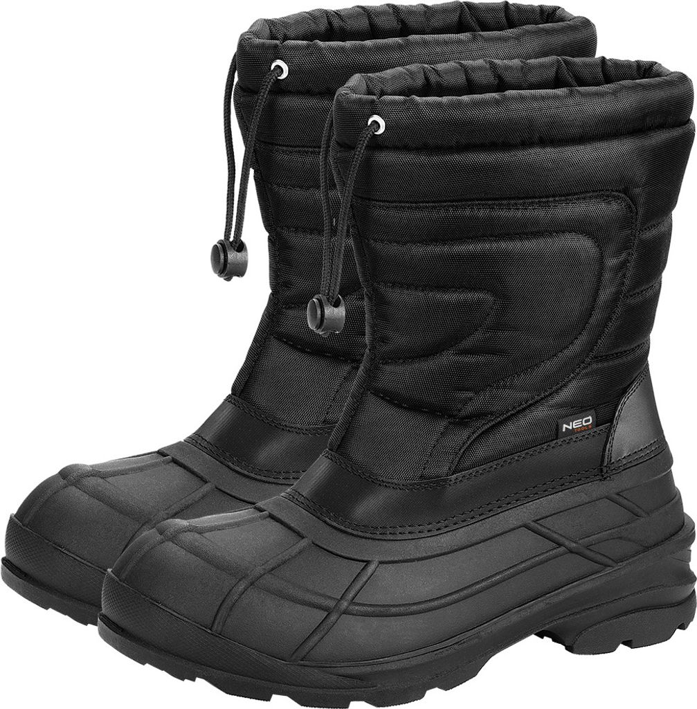 A pair of black winter boots shown from a diagonal angle against a white background.