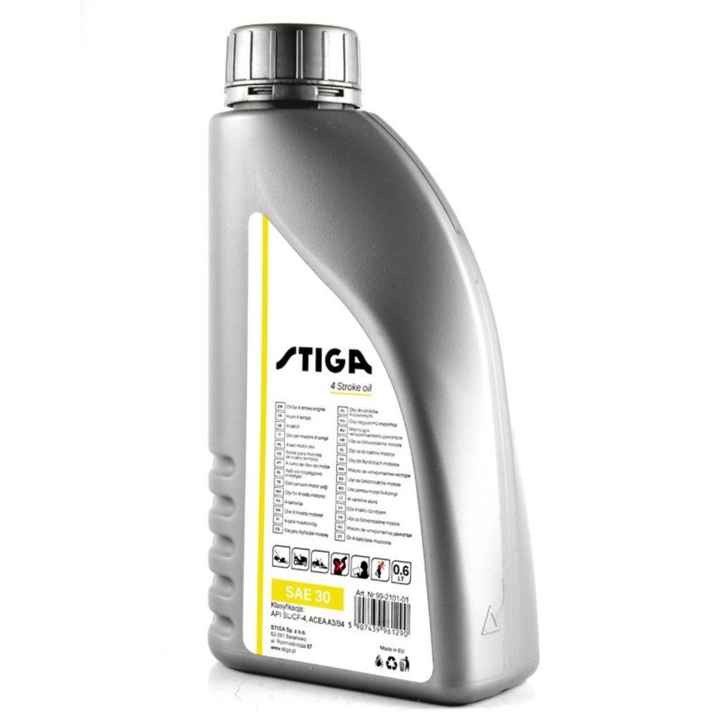 A bottle of Stiga 4-stroke engine oil on a white background.