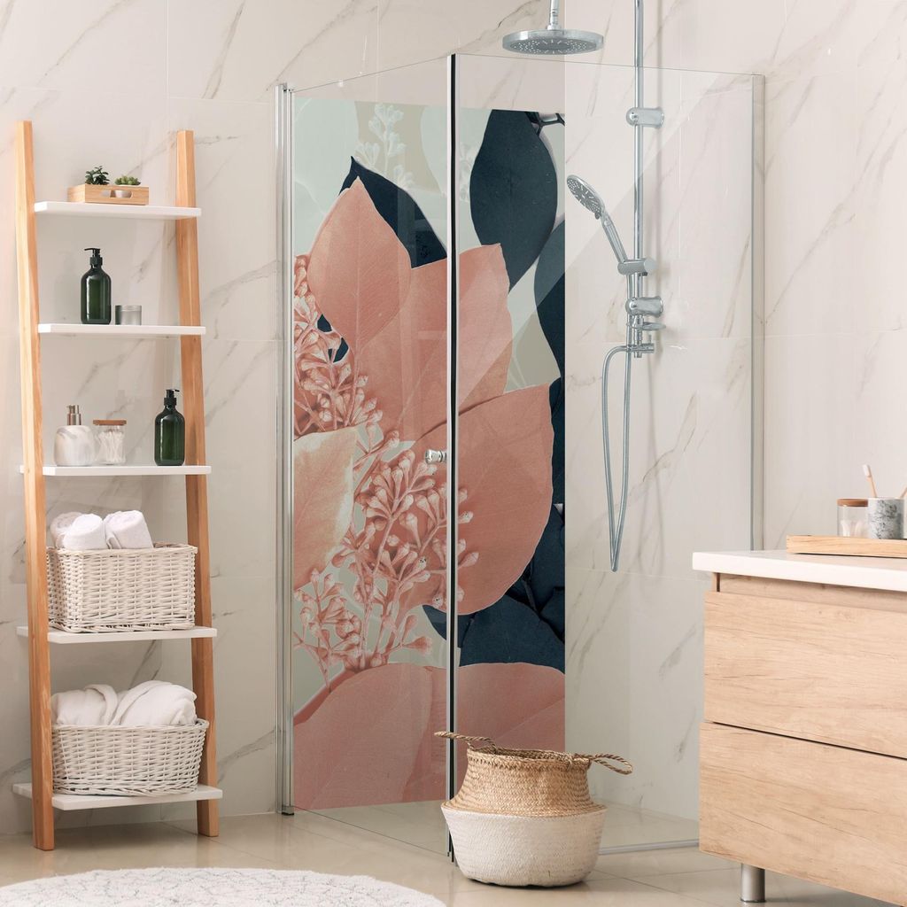 Duschrückwand mit Motiv selbstklebend - 0.61 mm Wandpaneel wasserfest Pflanzen rosa Motiv Badrückwand fugenlos Premium matt 110x200 cm